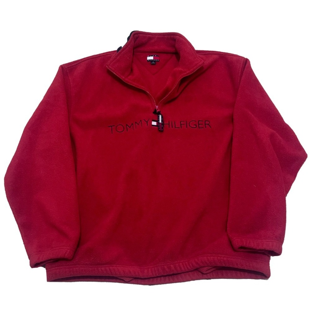 Tommy Hilfiger Vintage Mens Red Quarter Zip Fleece Pullover Logo Sweater Large